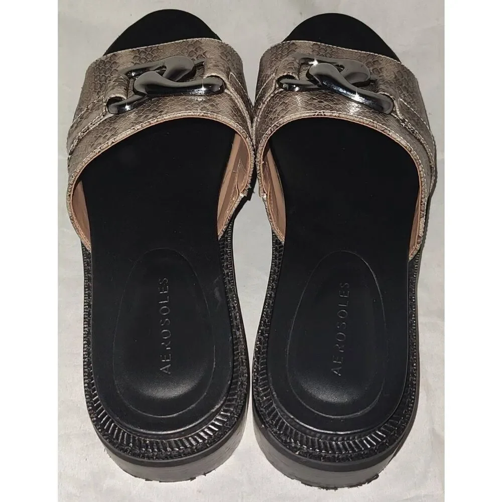 Aerosoles Lima Leather Chunky Lug Soles Slide Sandals Black/ Taupe Snake Size l0